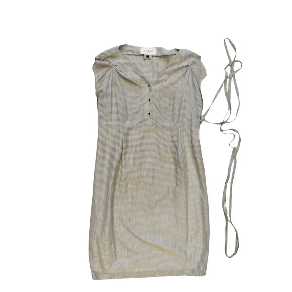 AMBALI Paris Dress US Size 10 Striped Pleated Taupe White Made in France Size 42 - Picture 5 of 12